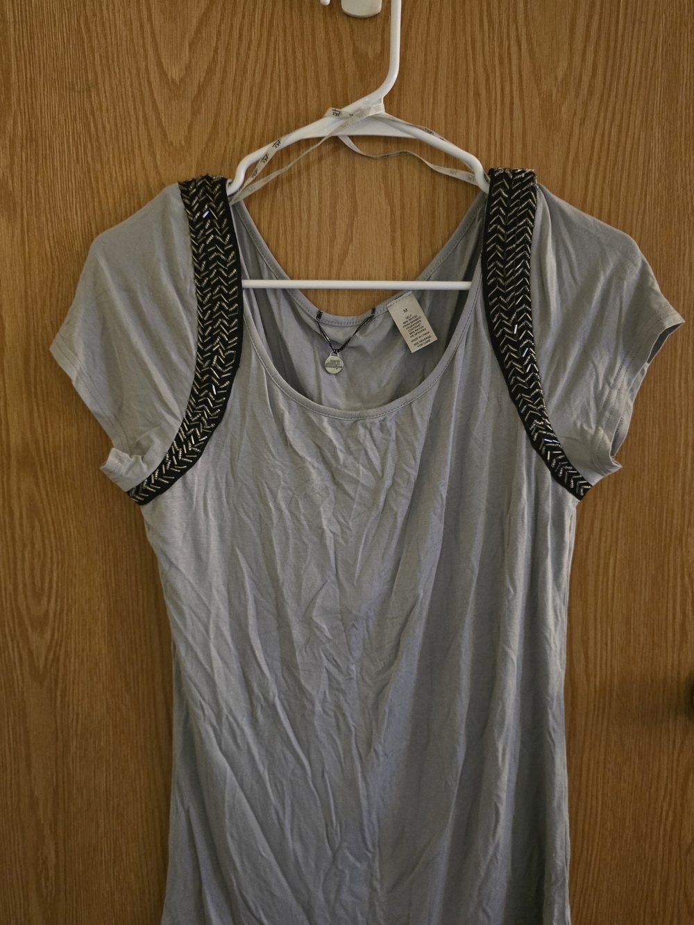 BKE Light Gray Scoop Neck Top with Black Embroidered Shoulder Straps